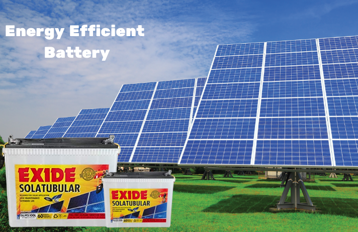 An Exide Solatubular battery is charged by solar panels, offering a sustainable energy storage solution