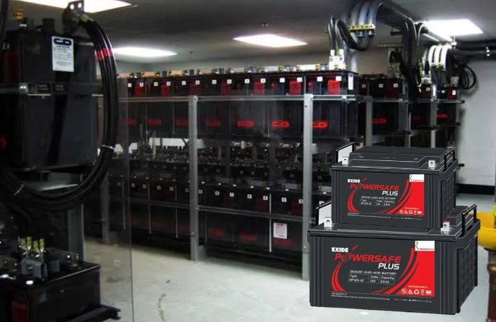 An Exide Solatubular battery is charged by solar panels, offering a sustainable energy storage solution