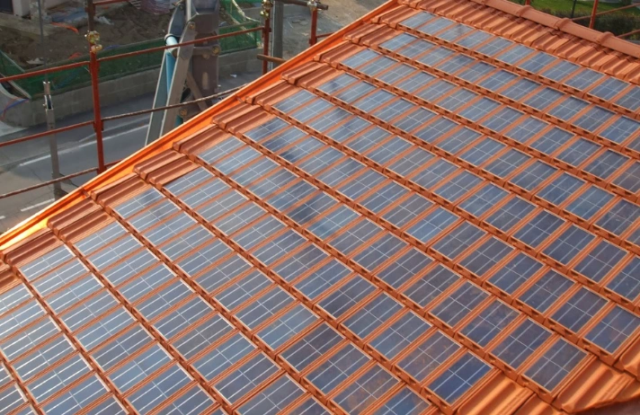 solar panels that are mounted on a building's roof and use sunlight to generate sustainable power.